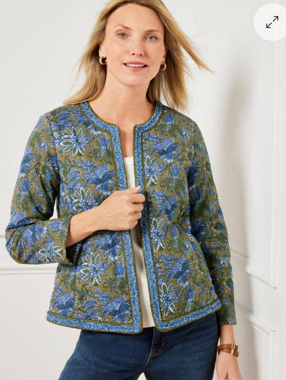 Talbots Women's M Olive Green & Blue Floral Print Lightweight Quilted Jacket